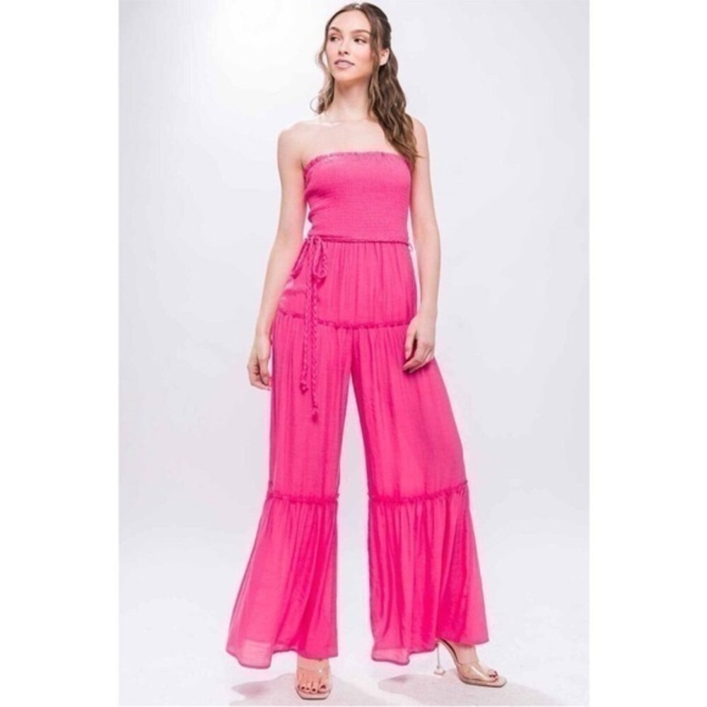 Love Tree Pink Strapless Jumpsuit Large Wide Flare Leg Smocked Top